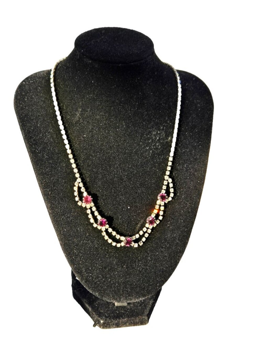 Vintage Purple Rhinestone Swag Necklace Clear Crystal Silver Tone 18.5"